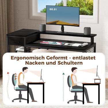 Ігровий стіл Oak & Tea 120x52 см з ящиками, регульованою полицею та підставкою для монітора – для роботи, навчання та геймінгу, коричнево-чорний