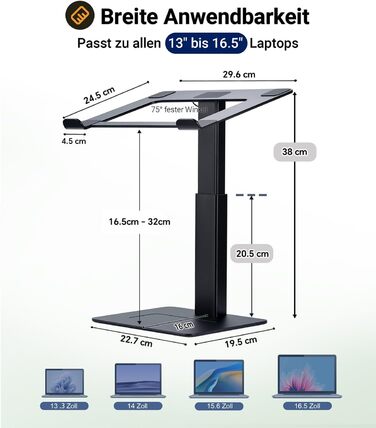 Регульований підставка для ноутбука, стійка для ноутбука на стіл, можливість стоячи, підставка для DJ, компактна альтернатива столу, сумісна з MacBook та ноутбуками 13'-16.5', чорний Polar-Schwarz