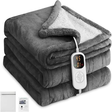 Електрична ковдра з автовимкненням 130x180 см, 8 режимів нагріву, таймер 12 годин, пральна машина, флісова ковдра для ліжка, дивана, офісу (темно-сірий)