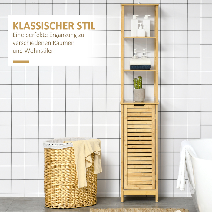 Шафа Kleankin Badschrank Bambus, 34 x 30 x 173 см, з 3 відкритими полицями та 1 шафкою, захист від перекидання, отвір для ручки, вільного стояння, для маленьких приміщень, натуральний колір | Aosom