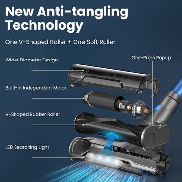 Бездротовий пилосос Dzaki Akku з потужністю 45KPa, без мішка, з дисплеєм, антизаплутана щітка, час роботи 55 хв, знімний акумулятор, для твердих поверхонь, шерсті тварин, килимів, авто, блакитний