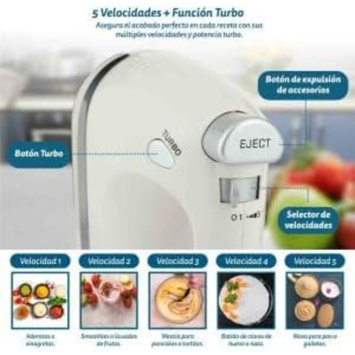 Міксер Grunkel AM-350TURB05BOWL з 5 швидкостями, білий (350 Вт) - з чашею та набором насадок для замішування та збивання