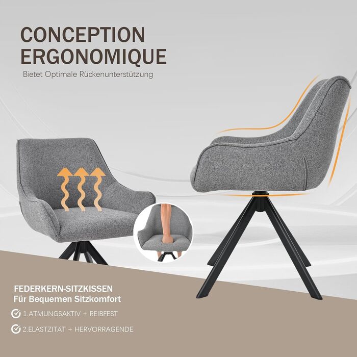 Обідні стільці поворотні, комплект 2 шт. з підлокітниками, світло-сірий льон. Сучасні поворотні стільці для кухні, вітальні, офісу. Металевий каркас, м'яке сидіння, підходить для їдальні, вітальні, офісу, колір: коричневий.