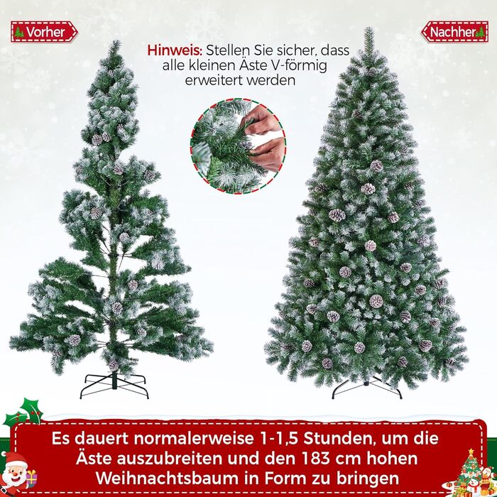 Штучна ялинка Yaheetech 183 см зі снігом та 64 шишками, 920 гілок, вогнестійка, з металевим підставкою та системою швидкого складання