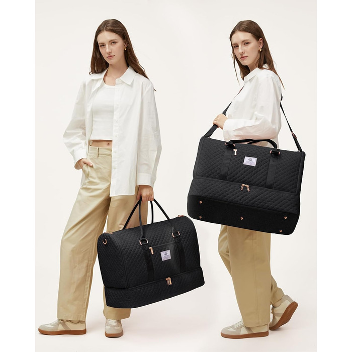 LOVEVOOK Складаний дорожній саквояж для жінок, 2-в-1, з сумкою для взуття, водонепроникний, для ручної поклажі, 53L, чорний