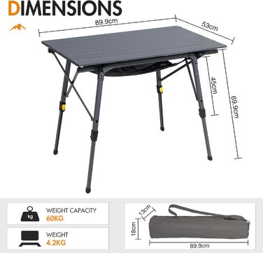 Складаний кемпінговий стіл Portal з регулюванням висоти, алюмінієвий, 90 x 53 см, сірий