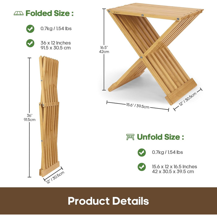 Складаний табурет для сауни та душу WILLOWYBE – водонепроникна бамбукова лавка, багатофункціональний стілець для ванної кімнати та парної, натуральний колір