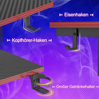 Ігровий стіл Devoko 160x60 см з LED підсвічуванням, з підставкою для монітора, карбоновим покриттям, ергономічний, з тримачем для чашки та гачком для навушників