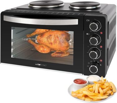Міні-піч Clatronic® з конфорками та поворотним шампуром | одночасне приготування та випікання | міні-піч 28л конвекція, верхнє/нижнє нагрівання 100°-230°C | електрична міні-піч 3100 Вт з аксесуарами | KK 3786
