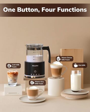 Електричний піноутворювач для молока Morpilot, 130-500 мл, 600 Вт, 4-в-1, для гарячого та холодного молока, миється в посудомийній машині, скляний, дизайн Latte, чорний