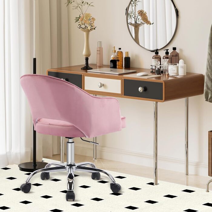 Крісло для офісу Fiximaster Homeoffice, крісло для робочого столу, обертове, регульоване по висоті, з велюру, ергономічне, для робочого кабінету/спальні, до 113 кг, рожеве