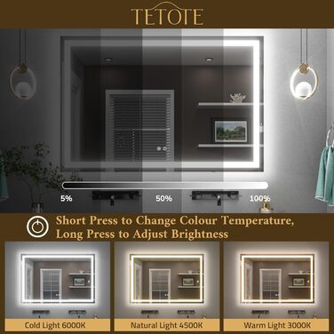 Дзеркало для ванної кімнати TETOTE з підсвічуванням 90x90 см, без рами, LED-touch, 3 кольори, регулювання яскравості, функція пам'яті