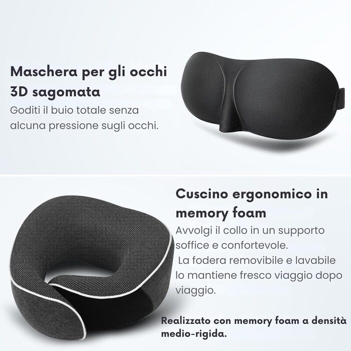 Подушка для шиї ProGlobe, 100% Memory Foam, ортопедична, для подорожей (літак, авто, поїзд), з маскою для сну, сітчаста сумка (темно-сірий)