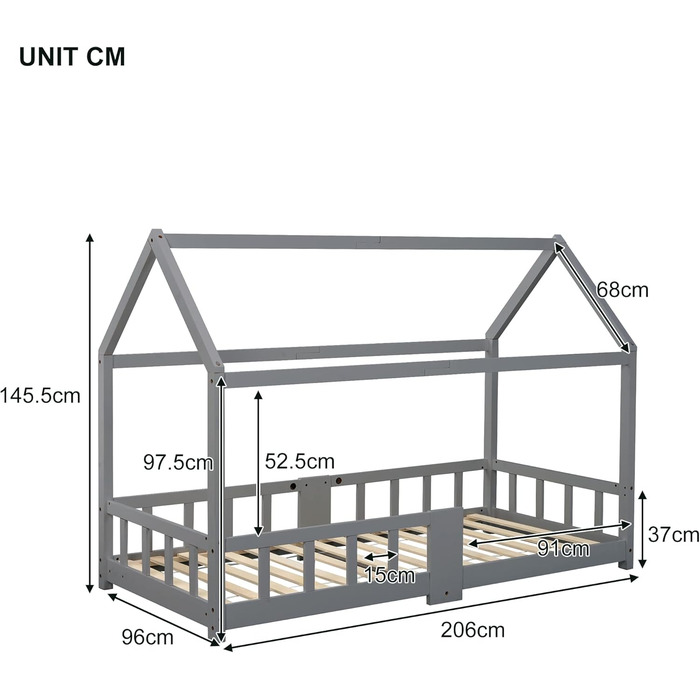 Дитяче ліжко-будиночок Moimhear 90x200 см, сірий колір, з соснового дерева, для дітей