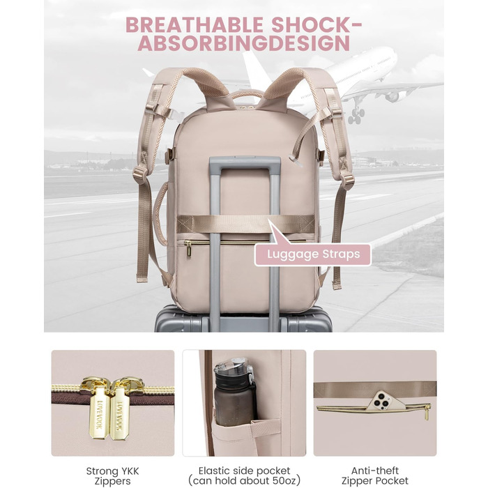 Рюкзак LOVEVOOK для ручної поклажі літака, жіночий, водонепроникний, з відділенням для взуття, 40L, 45x36x20, для ноутбука 17 дюймів, Carry on Luggage (сірий, білий, кавовий)