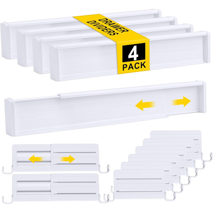 Набір роздільників для ящиків Gigmeta (4 шт) з регулюванням, 34–59 см, >7 см. Підходить для шафи, спальні, комода, кухні, офісу