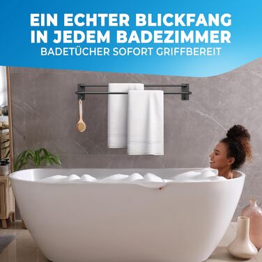 Тримач для рушників без свердління, чорний, 80 см, нержавіюча сталь, подвійний, самоклеючий, з 2 гачками, для ванної кімнати, душової кабіни, кухні