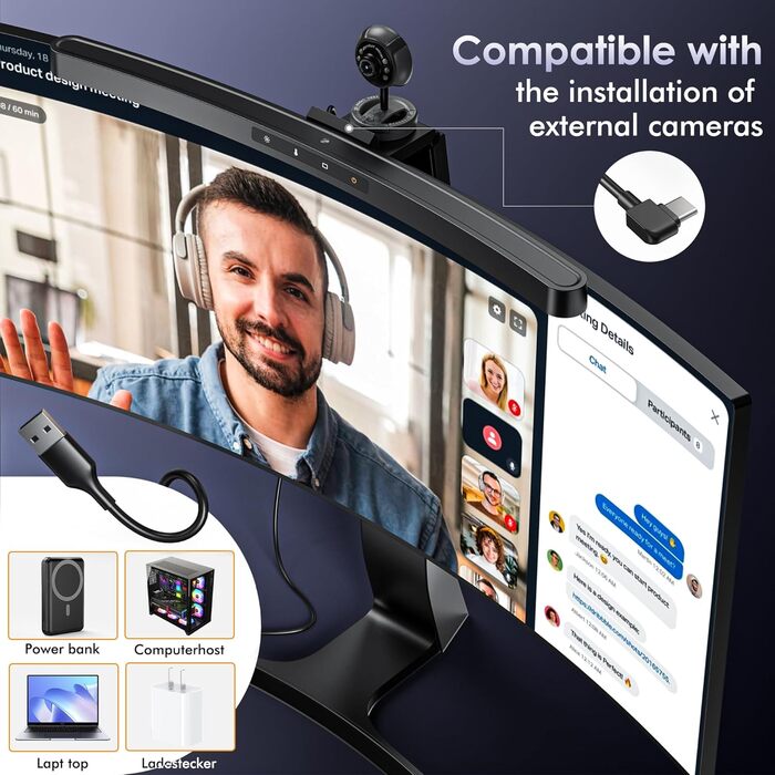 Світлодіодна лампа для монітора Quntis Curved 38см з сенсорним керуванням та пультом, захист від синього світла, регулювання яскравості, для офісу та дому