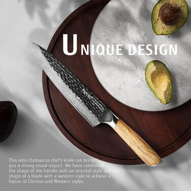 Ніж кухарський Damast 20 см Hecef, професійний ніж шеф-кухаря, японський ніж з 67 шарів дамаської сталі, гостре м'ясне лезо з ручкою з оливкового дерева