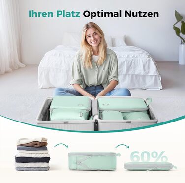 Набір органайзерів для подорожей у валізу з компресією, 8 водонепроникних пакувальних кубів для ручної поклажі та рюкзака, зелений колір
