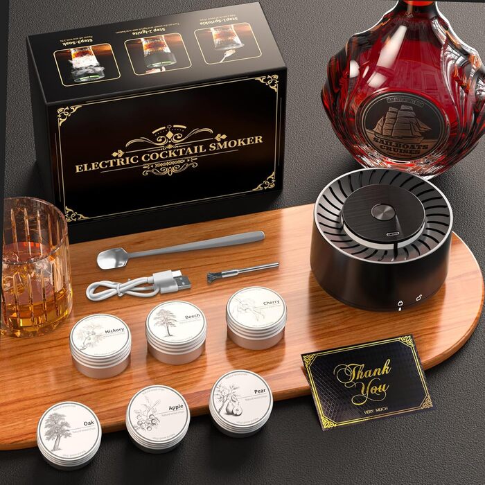 iDiskk Набір для копчення коктейлів: електричний димогенератор для віскі, бурбон, міксологія, вбудований запальник, 6 дерев'яних стружок