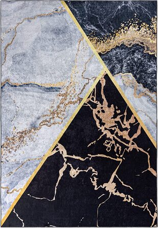 Сучасний Мазовецький килим-миється килим з коротким ворсом-М'який килим для вітальні, спальні , їдальні-килими з мармуровим абстрактним візерунком-чорний сірий золотий (120 х 170 см, чорний сірий золотий / 2111)