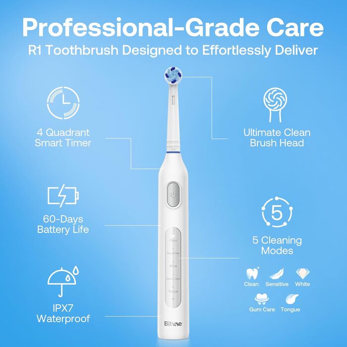 Електрична зубна щітка Bitvae з 8 насадок для дорослих та дітей, кейс, 5 режимів, таймер 2 хв, 60 днів роботи, (R1H3, Біла)