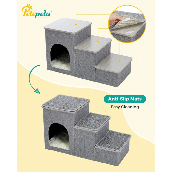 Складні сходи для собак PETEPELA, 3 сходинки, сходи для маленьких собак з місцем для зберігання, 3 сходинки до дивана, 3 сходинки сірого кольору