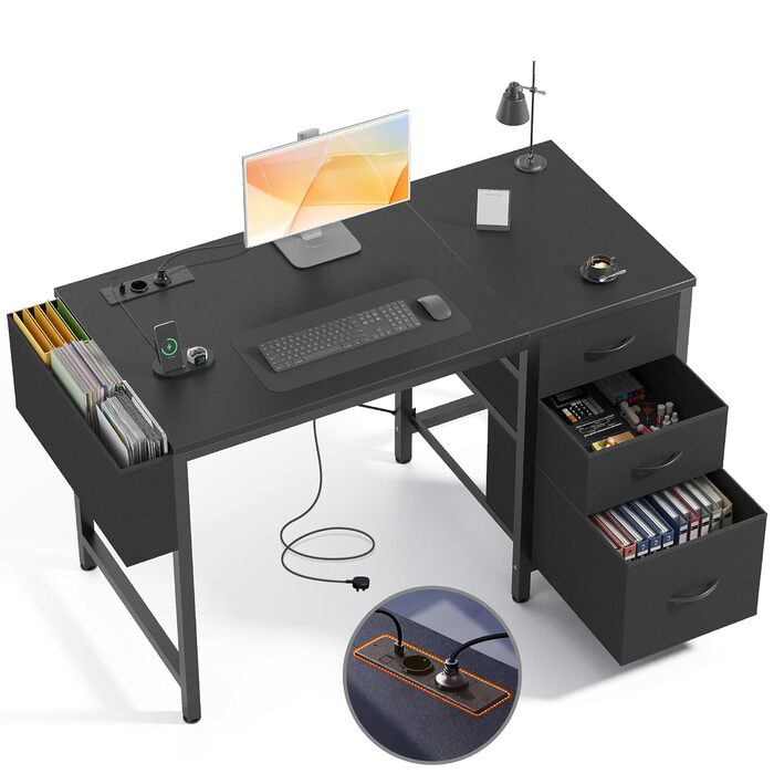 Комп'ютерний стіл Claiks з 3 шухлядами, 100x60 см, з розетками та USB, для дому та офісу, чорний