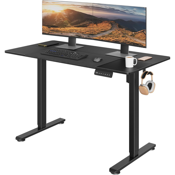 Електричний регульований стіл BONTEC 120x60 см з LED-дисплеєм, 3 пам'яті висоти, тримач для навушників, чорний