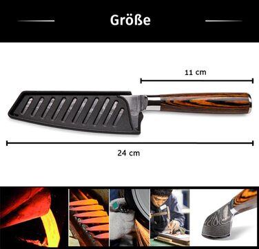Ніж Santoku Wolfblood з дамаської сталі 67 шарів (24 см) - професійний кухонний ніж з дерев'яною ручкою, подарункова коробка та захист леза