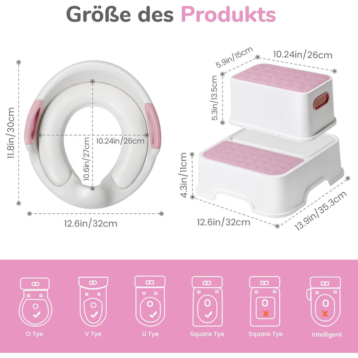 Дитяче сидіння на унітаз DEANIC з підставкою-сходинками, рожеве - для малюків від 1 до 6 років + 2 подушки та щітка