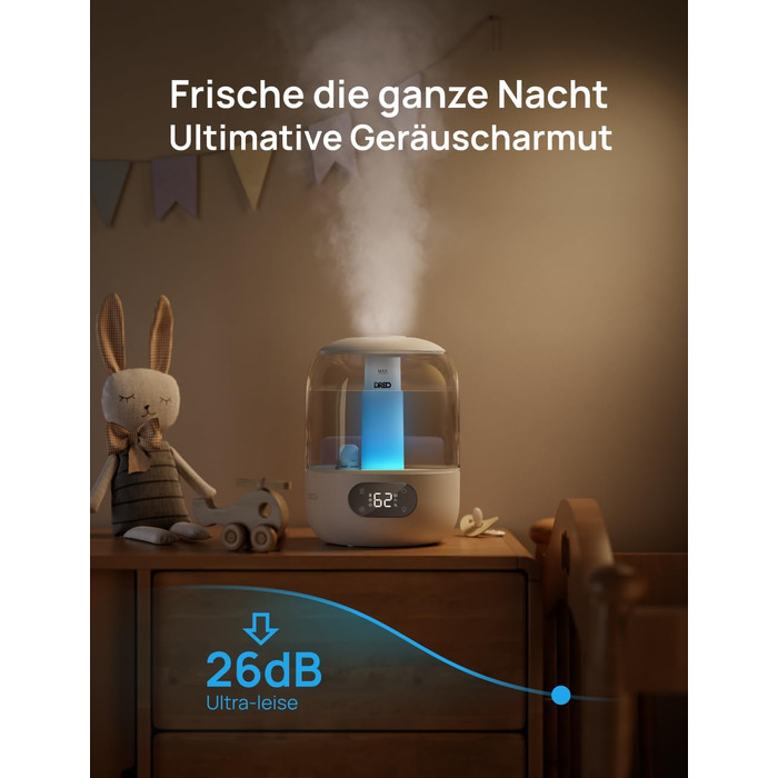 Зволожувач повітря Dreo для спальні: ультразвуковий, холодний туман, 3L, датчик вологості, нічник, для дітей, кімнатних рослин та дому (білий)
