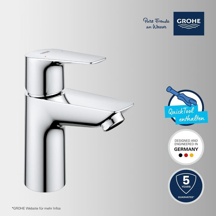 Змішувач для ванної кімнати GROHE StartEdge, економічний, з холодною водою в середній позиції (з поп-ап зливом, інструментом 3-в-1, легко встановлюється), 23900001 (хром, S-Size, з Push-Open зливним пристроєм)
