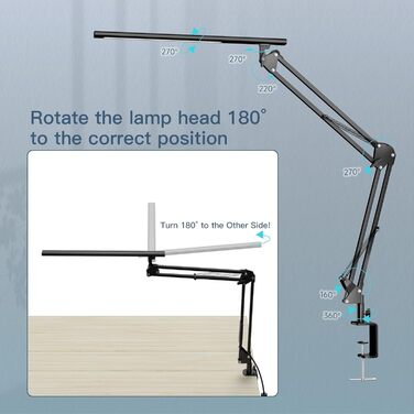 Настільна лампа затискна, лампа архітектора з QC3.0, 5 колірних режимів, функція пам'яті, чорний