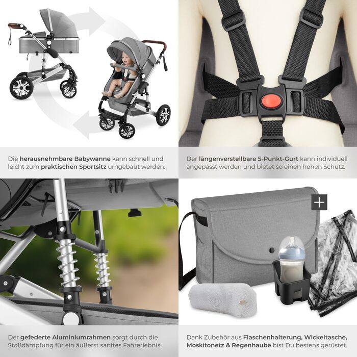Дитяча коляска Tectake 2 в 1, розкладний візок-бугі з функцією ліжечка, з підставкою для ніг, візок з тримачем для напоїв, знімною колискою та дощовиком (Сірий)