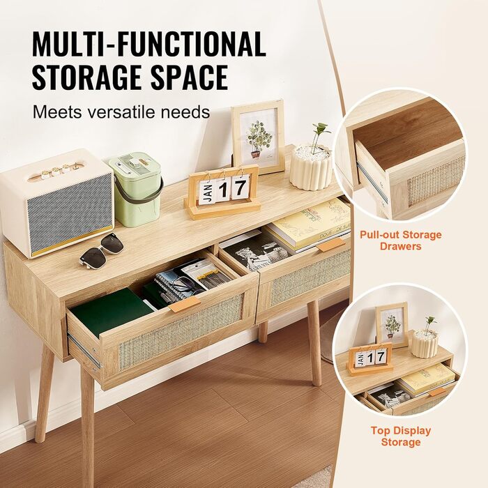 Консольний столик VEVOR з ротангу з 2 шухлядами, бежевий | для вітальні, робочого кабінету, передпокою