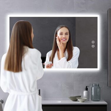 LED дзеркало для ванної кімнати Byecold з підсвічуванням, антизапітнінням, Wi-Fi годинником, датчиком та сенсорним вимикачем, 60x80 см