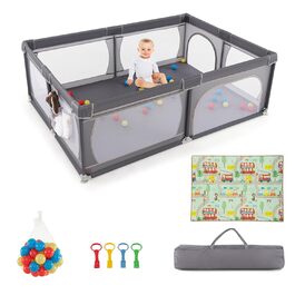 Манеж DREAMADE 200x140 см для дітей з 50 кульками, матрацем і сумкою, темно-сірий, для дому та вулиці