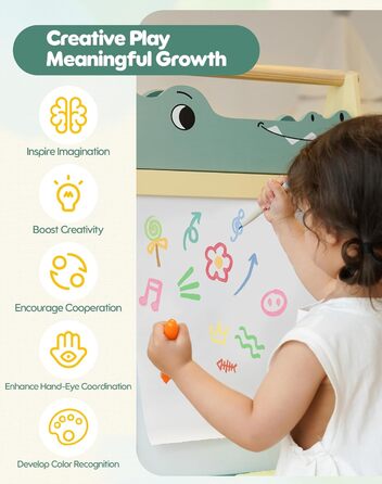 Мольберт для малювання ROBOTIME Alligator – 3-в-1, регульована висота, дерев'яний мольберт з магнітною дошкою, крейдяною дошкою та держателем для рулонів паперу, дитяча арт-станція для хлопчиків та дівчаток