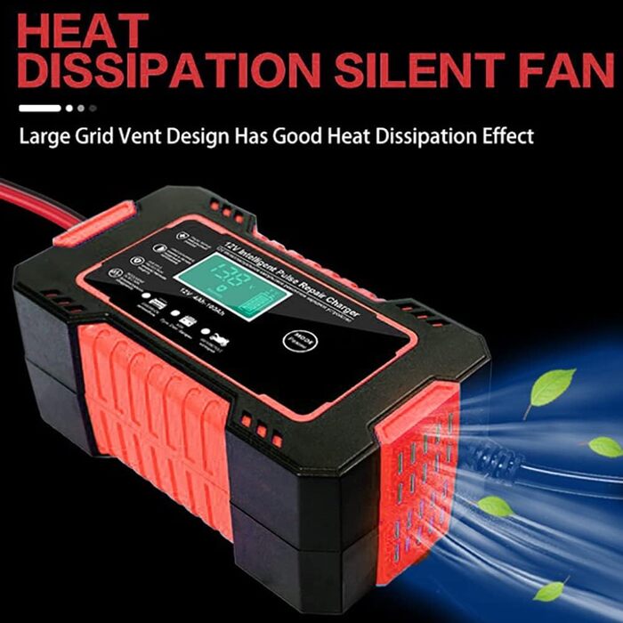 Зарядний пристрій для акумулятора 12V, автоматичний, інтелектуальний, з LCD-дисплеєм, для авто, мотоцикла, газонокосарки, човна RED