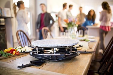 Гриль Ракулет Russell Hobbs 8 осіб з 8 сковородами та дерев'яним шпателем, 2 грильні поверхні: з натурального каменю з канавкою для соку та антипригарне поворотне решітка/тепаньякі, гриль для піци, 26280-56 (Raclette oval)