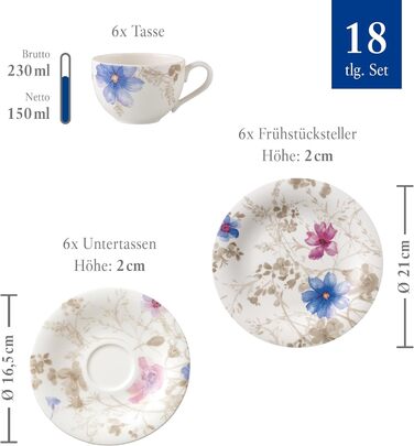 Набір кавового сервізу Villeroy & Boch Mariefleur Gris Basic на 18 частин (6 персон) - преміум фарфор, квітковий дизайн, білий колір