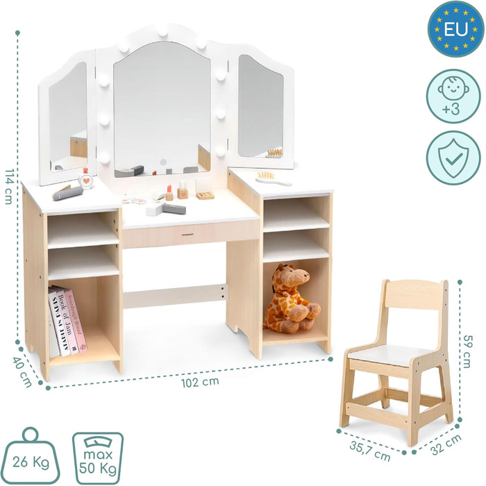 Детський туалетний столик Mamabrum XXL з дерева з пуфом та LED-дзеркалом. Туалетний столик для дівчаток з ящиком, аксесуарами та світлодіодним дзеркалом, від 3 років (MAM238 VANITY TABLE)