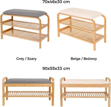 Бамбукова полиця для взуття CON з лавкою, подушкою сидіння, двома ярусами, сіра 307046 см