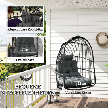 Підвісне крісло Підвісний кошик з подушкою Poly Rattan Swing Зовнішнє складне підвісне крісло з навантаженням до 150 кг Підвісне гойдалка Плетене підвісне крісло для вітальні Балкон Тераса Темно-сірий | Аосом