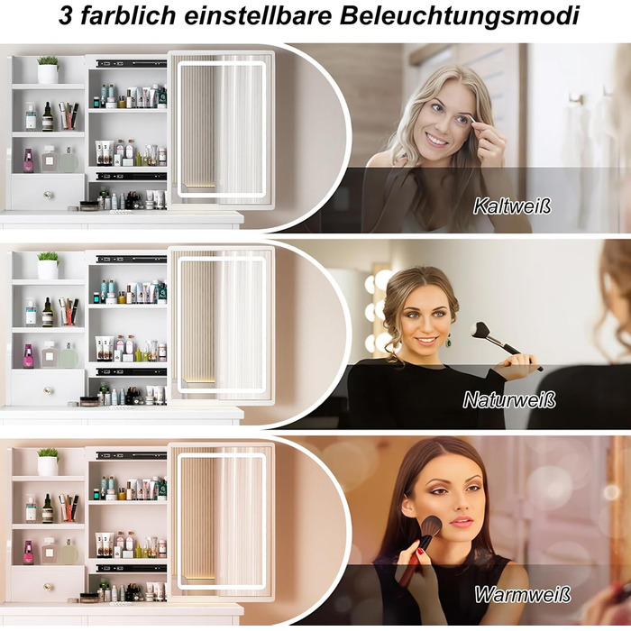 Дзеркальний туалетний столик з LED-підсвічуванням та пуфом, 6 ящиків, 3 полиці, сучасний дизайн, дерево, білий (T68)