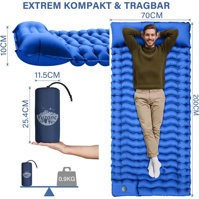 Кемпінговий надувний килимок Yuzonc Isomatte з вбудованим ножним насосом та подушкою, компактний легкий матрац для походів, туризму та пляжу (Blue231)