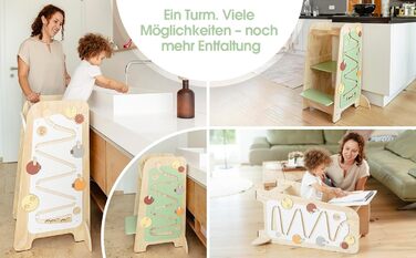 Дитячий навчальний столик-лесенка EXPLORER Kids® 5-в-1 | Монтессорі | Регульована висота, захист від перекидання | Розвиває моторику, вивчення чисел та форм | Дерев'яний, білий та салатовий | Від 1 року