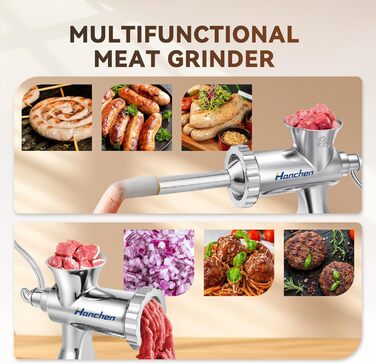 М'ясорубка ручна Hanchen з нержавіючої сталі з присоскою, насадкою для ковбас та 2 дисками, посудомийна, для м'яса та овочів